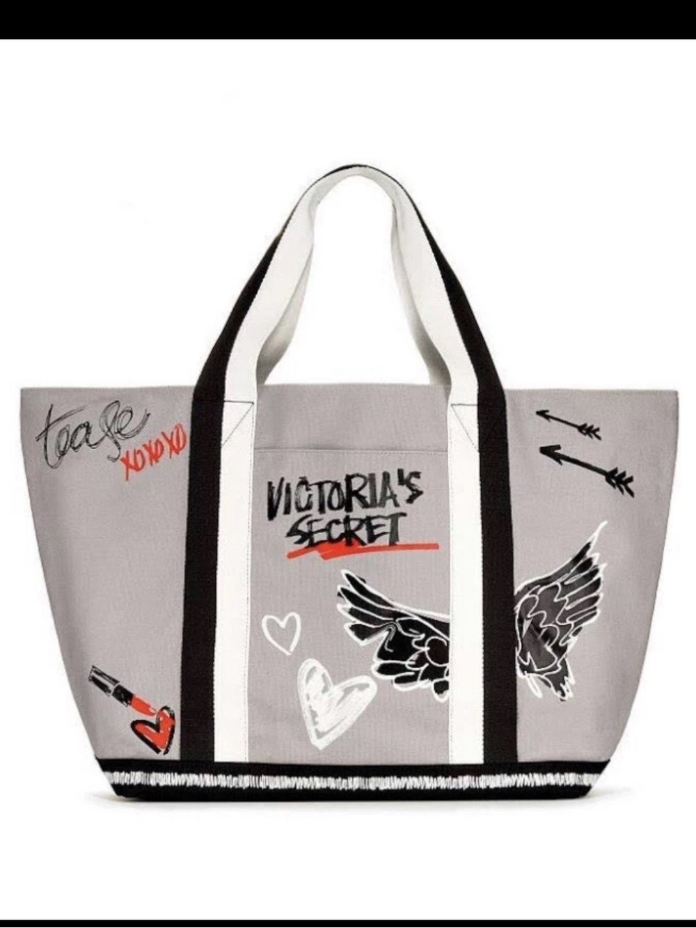 Victoria Secret Women Large 24”x 18” Beach Black Lined Bag w/ Cotton Wide Straps